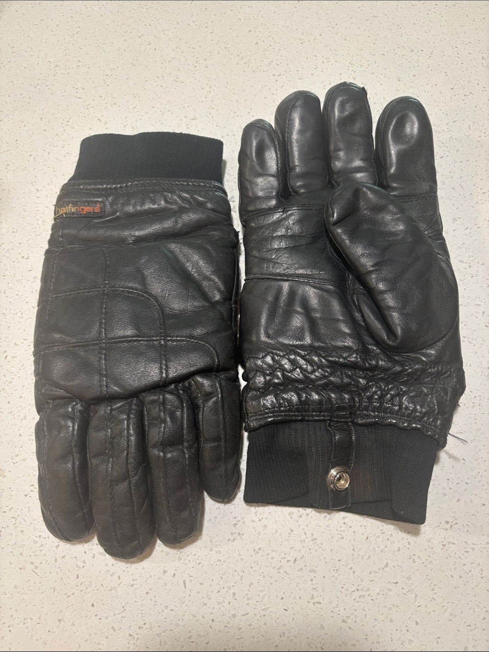 Vintage Hot Hands Black Leather Winter Gloves - unisex any sex